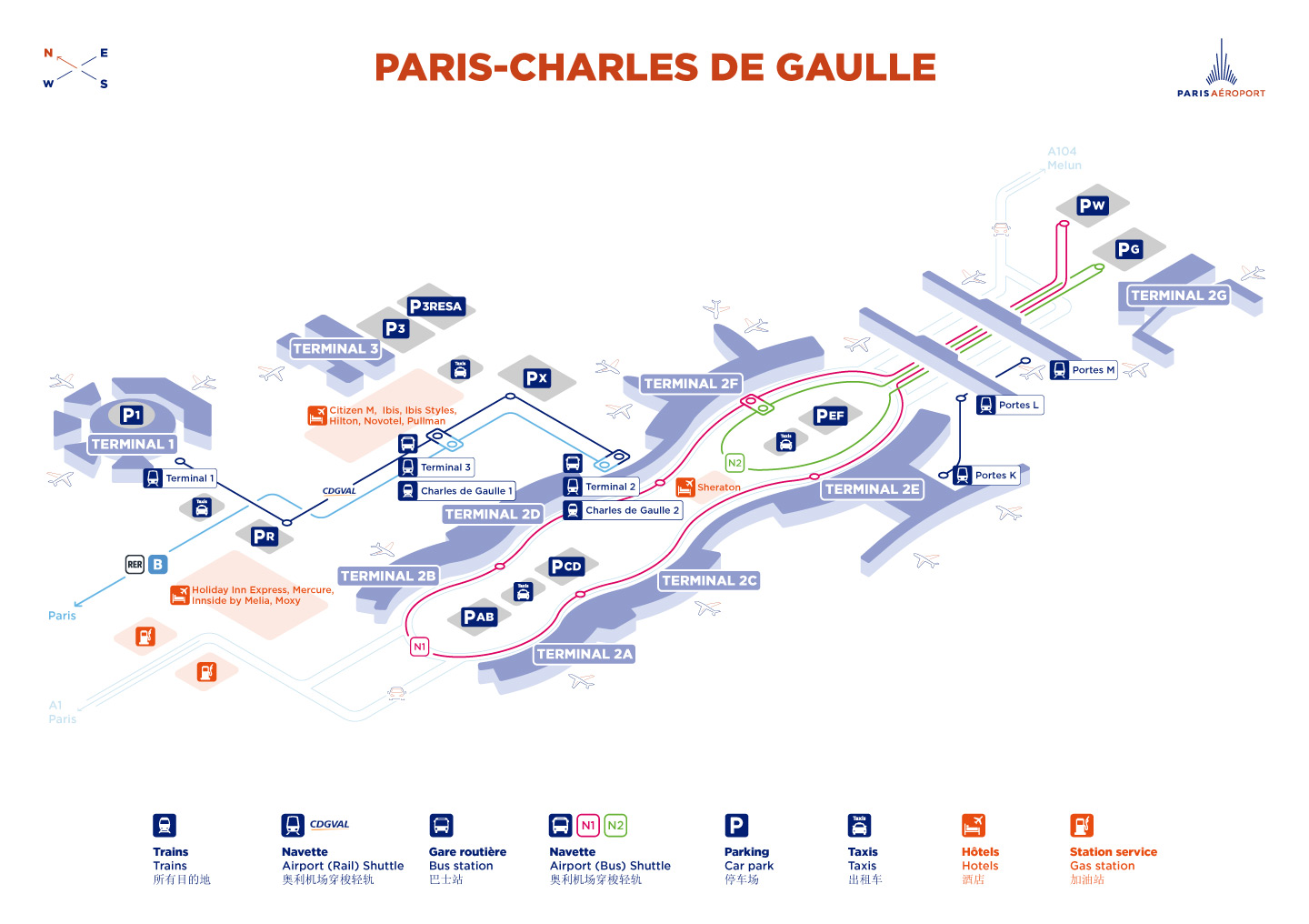 Terminals' map of Paris-Charles de Gaulle airport - Paris-Aéroport